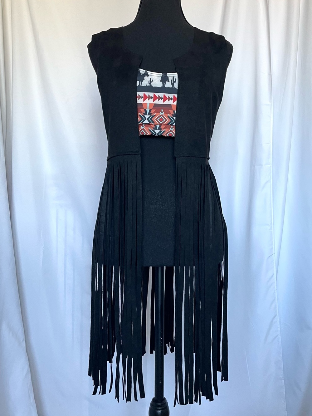 Black Faux Suede Long Fringe Open Vest Sz M Knee Length Festival Cowgirl Biker